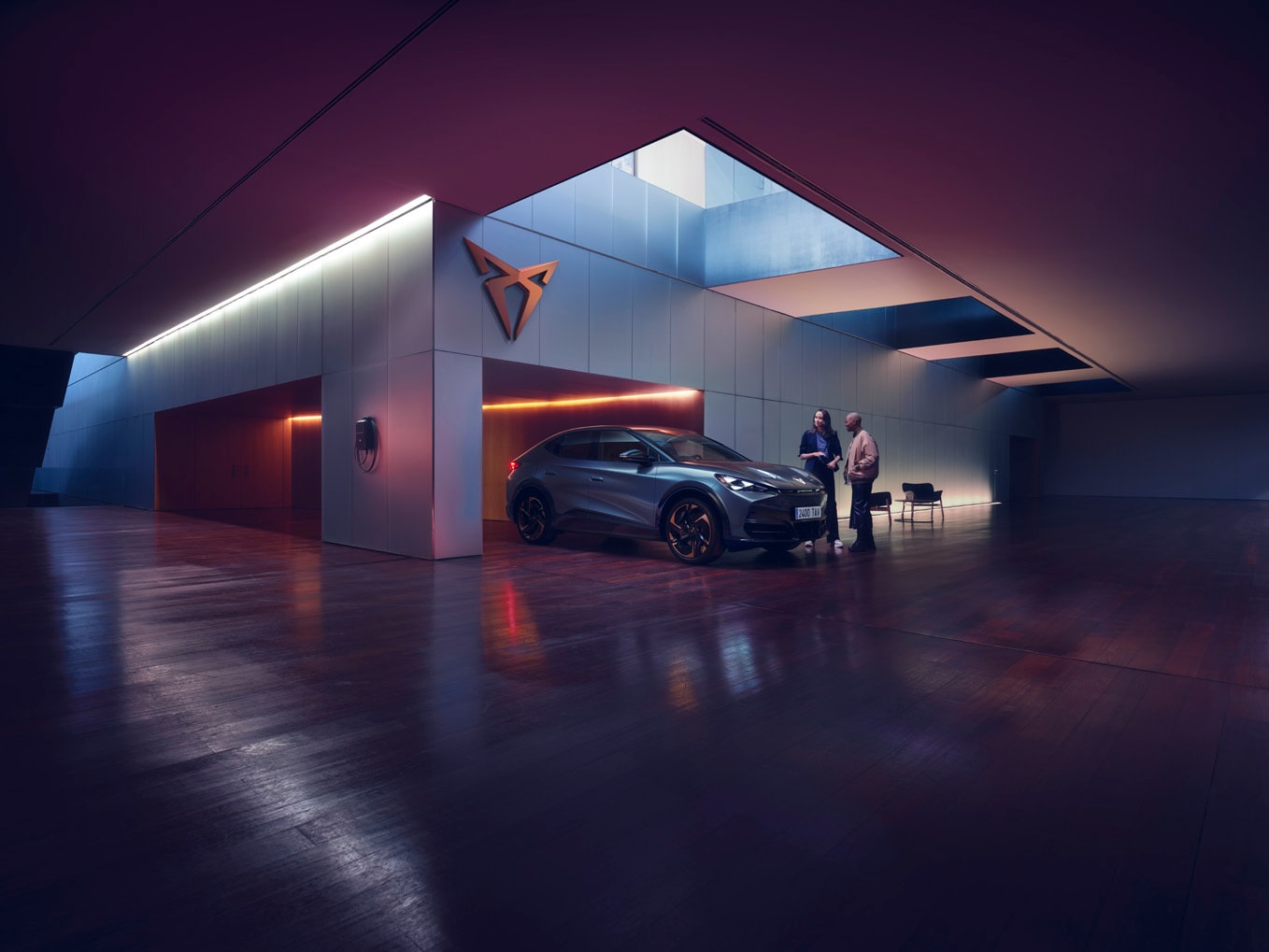 side view of new cupra tavascan 2024 electric suv coupe in blue for the test drive experience