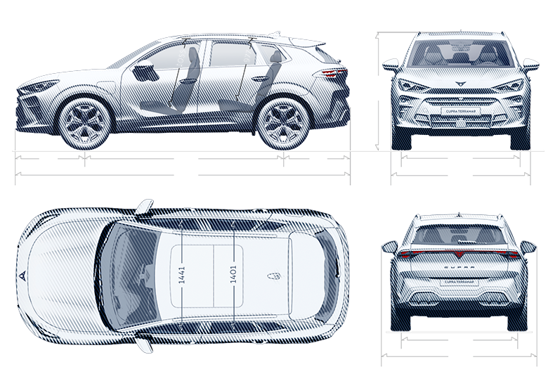 Différentes vues du CUPRA Terramar pour montrer les dimensions de la voiture.