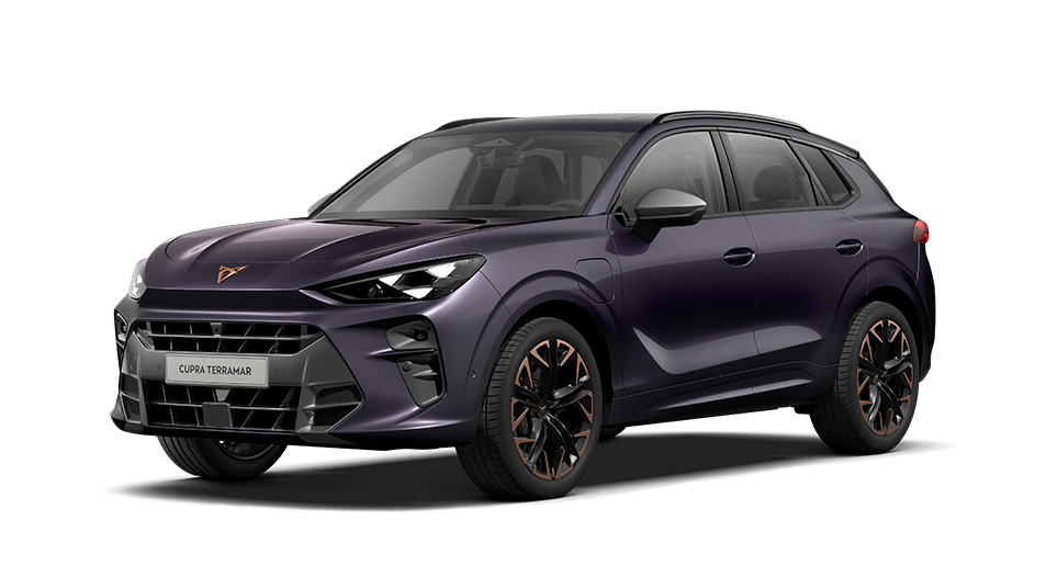 Vue avant latérale du nouveau CUPRA Terramar VZ en Violet Intersidéral, équipé de jantes 20".