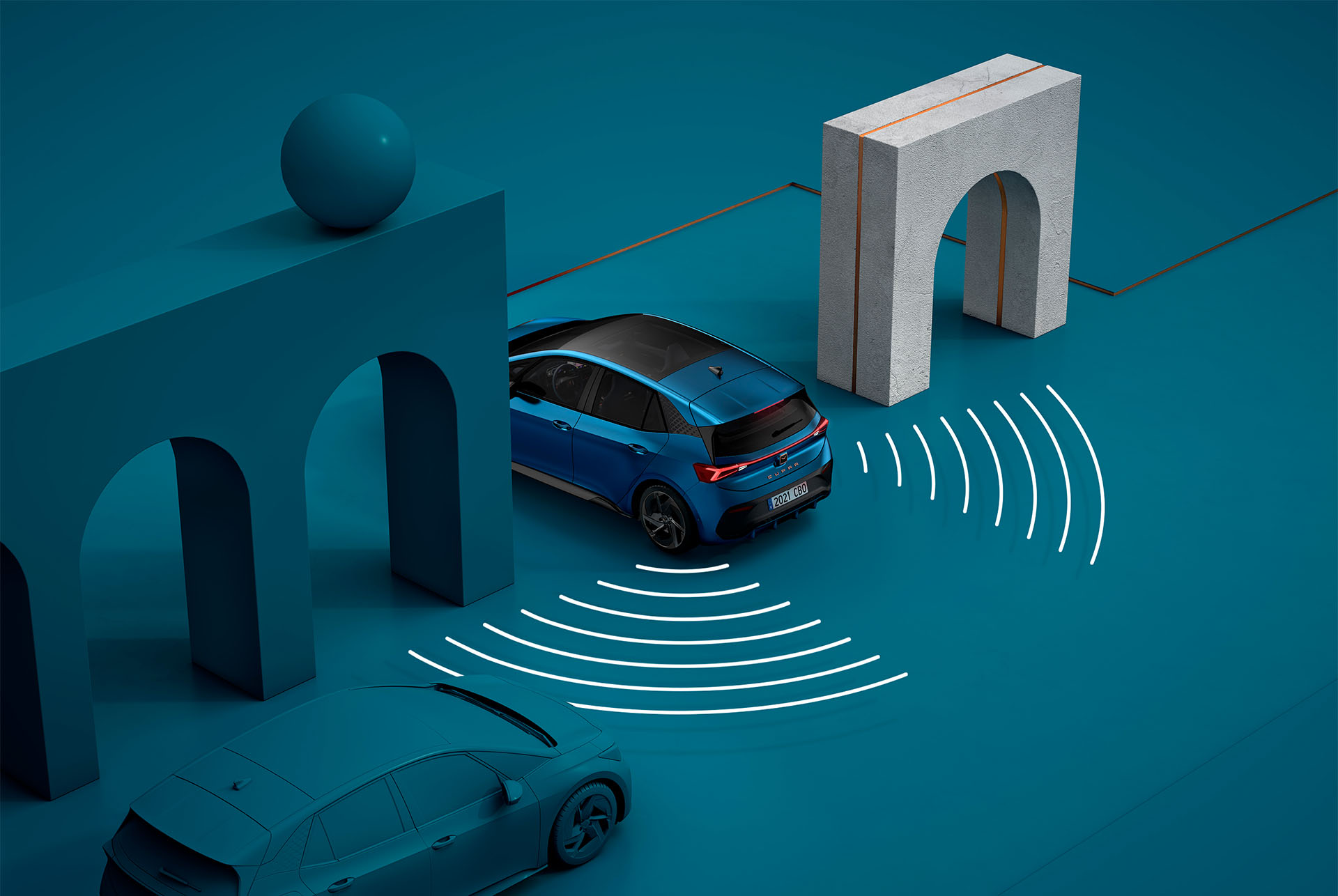 CUPRA Born 2024 Bleu Aurore avec détecteur de véhicules survenant par l’arrière 