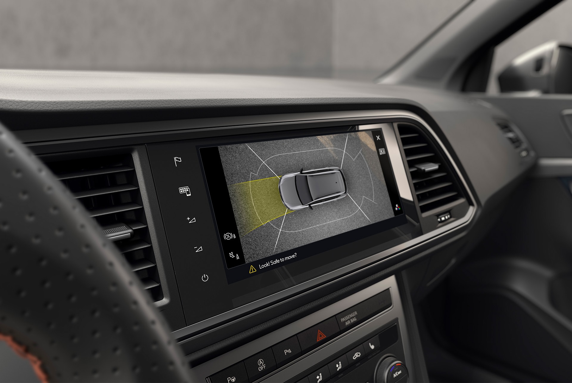 Système de caméra de recul Top View de la CUPRA Ateca affichant une vue d’ensemble pour aider le conducteur à se garer dans les espaces restreints.