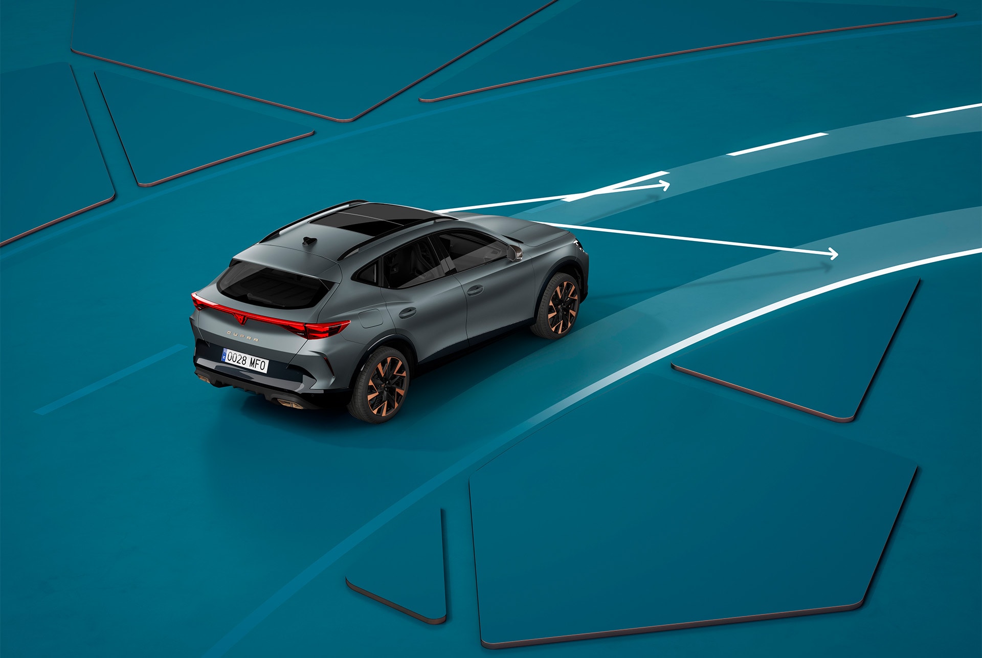 Démonstration du système Lane Assist Plus du CUPRA Formentor 2025, sur fond bleu.