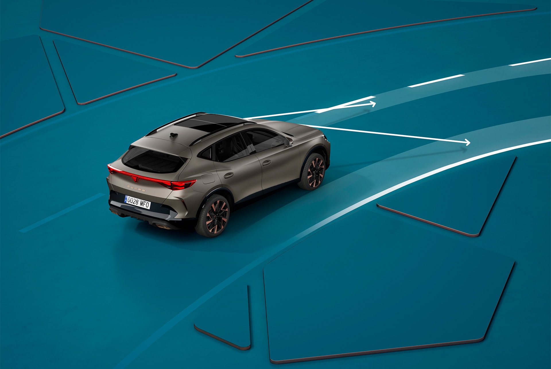 Démonstration du système Lane Assist Plus du nouveau CUPRA Formentor 2024, sur fond bleu.