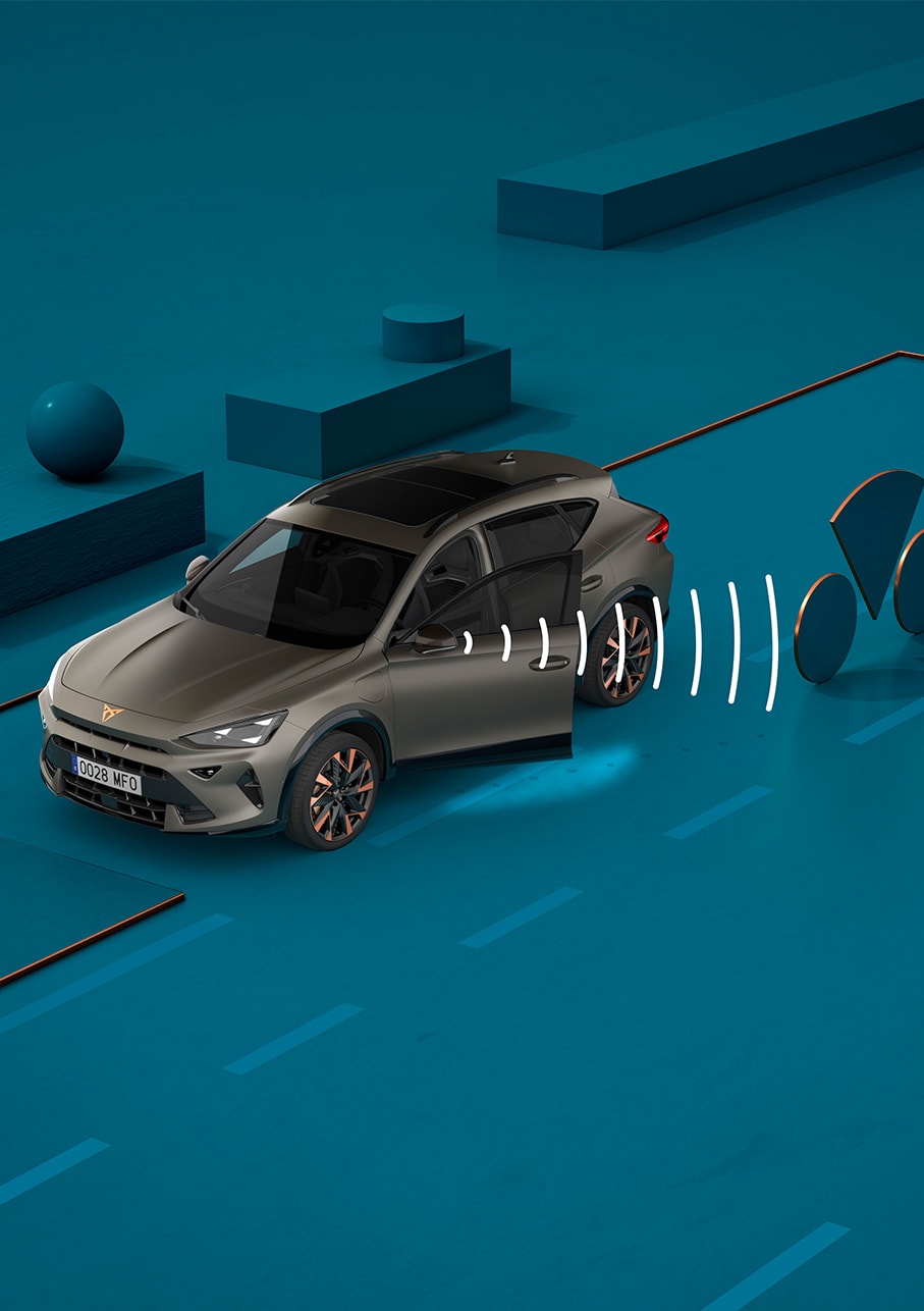 Comment utiliser le système Exit Warning du nouveau CUPRA Formentor 2024 : démonstration visuelle avec des formes et un fond bleu.