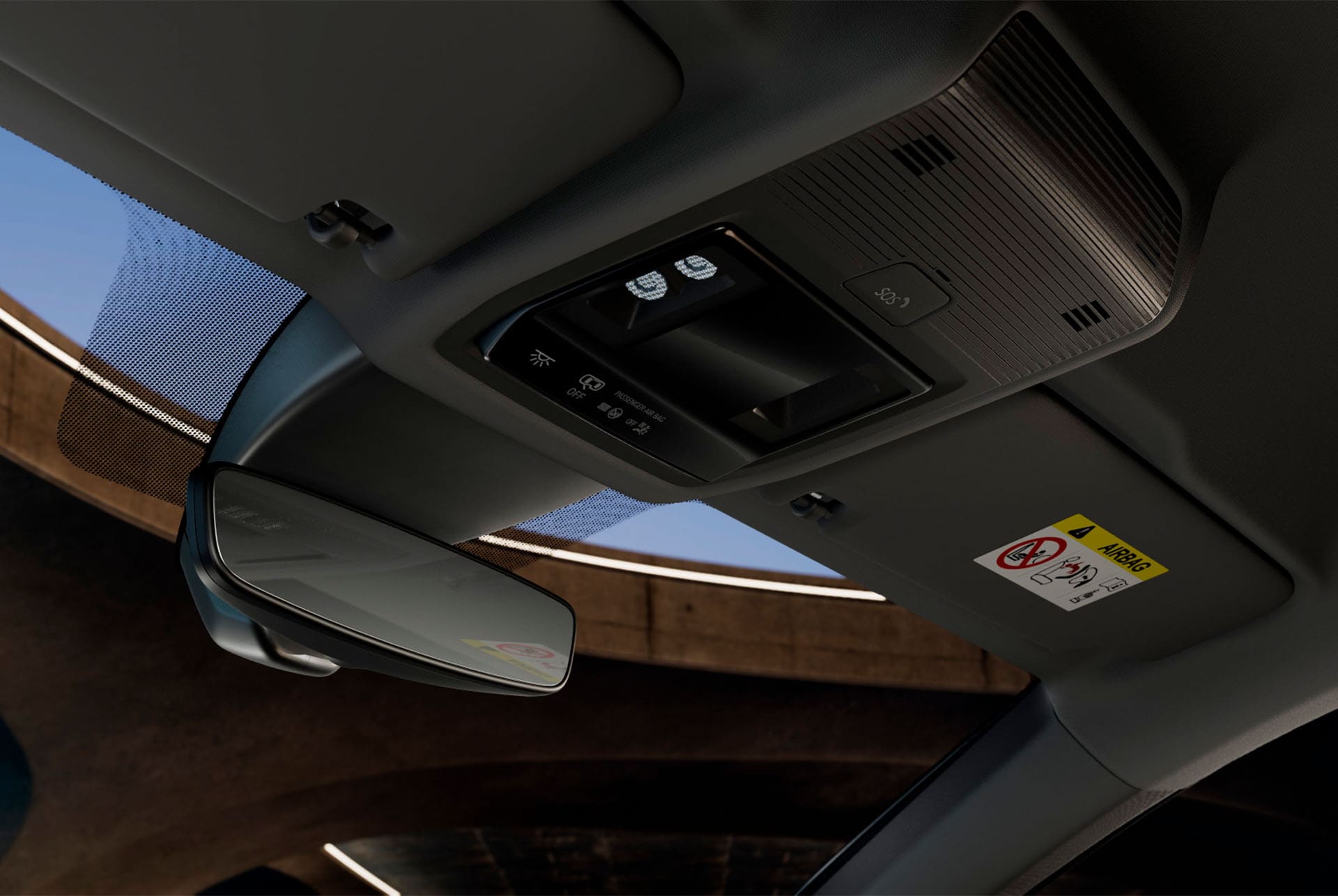 Vue intérieure du nouveau CUPRA Formentor 2024 montrant la console de pavillon avec un rétroviseur extérieur, l’éclairage LED de l’habitacle, diverses commandes et les fonctions de connectivité de CUPRA, y compris un bouton d’urgence SOS.