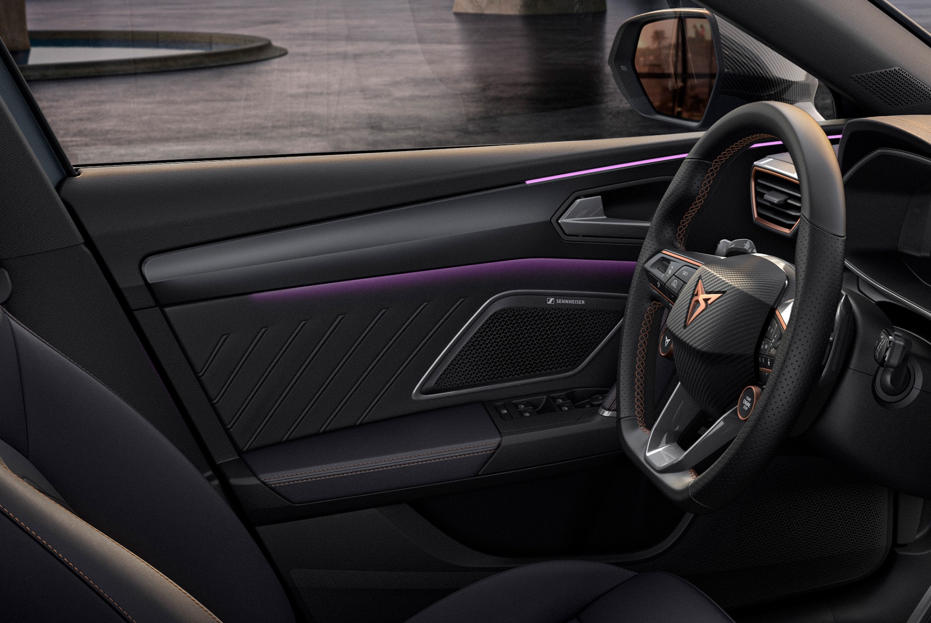 close up of cupra leon sportstourer interior design, sterring wheel, door panel, ambient lighting, cupra logo and window