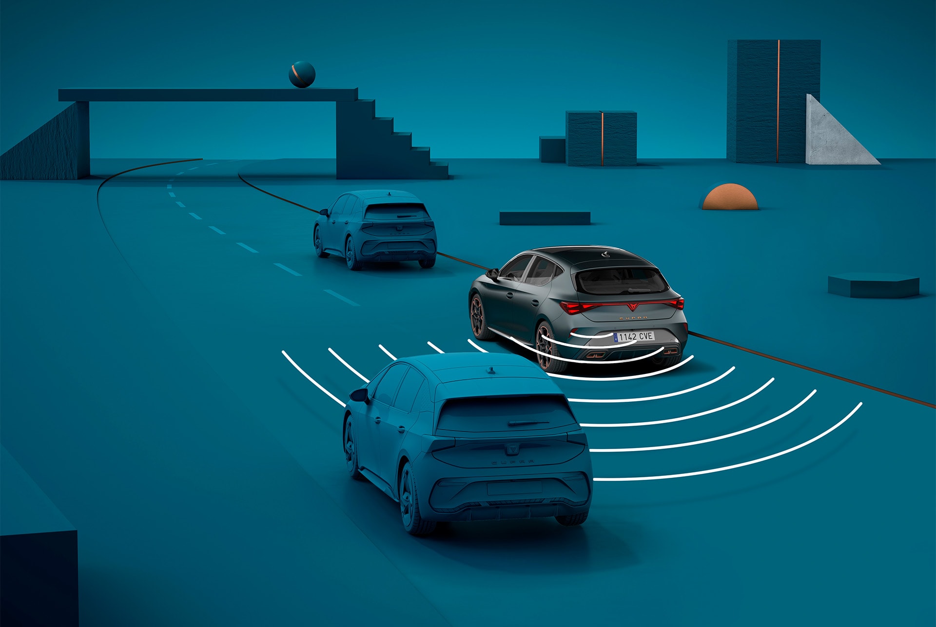 Comment utiliser le système Exit Warning de la nouvelle Cupra Leon 2024 : démonstration visuelle avec des formes et un fond bleu
