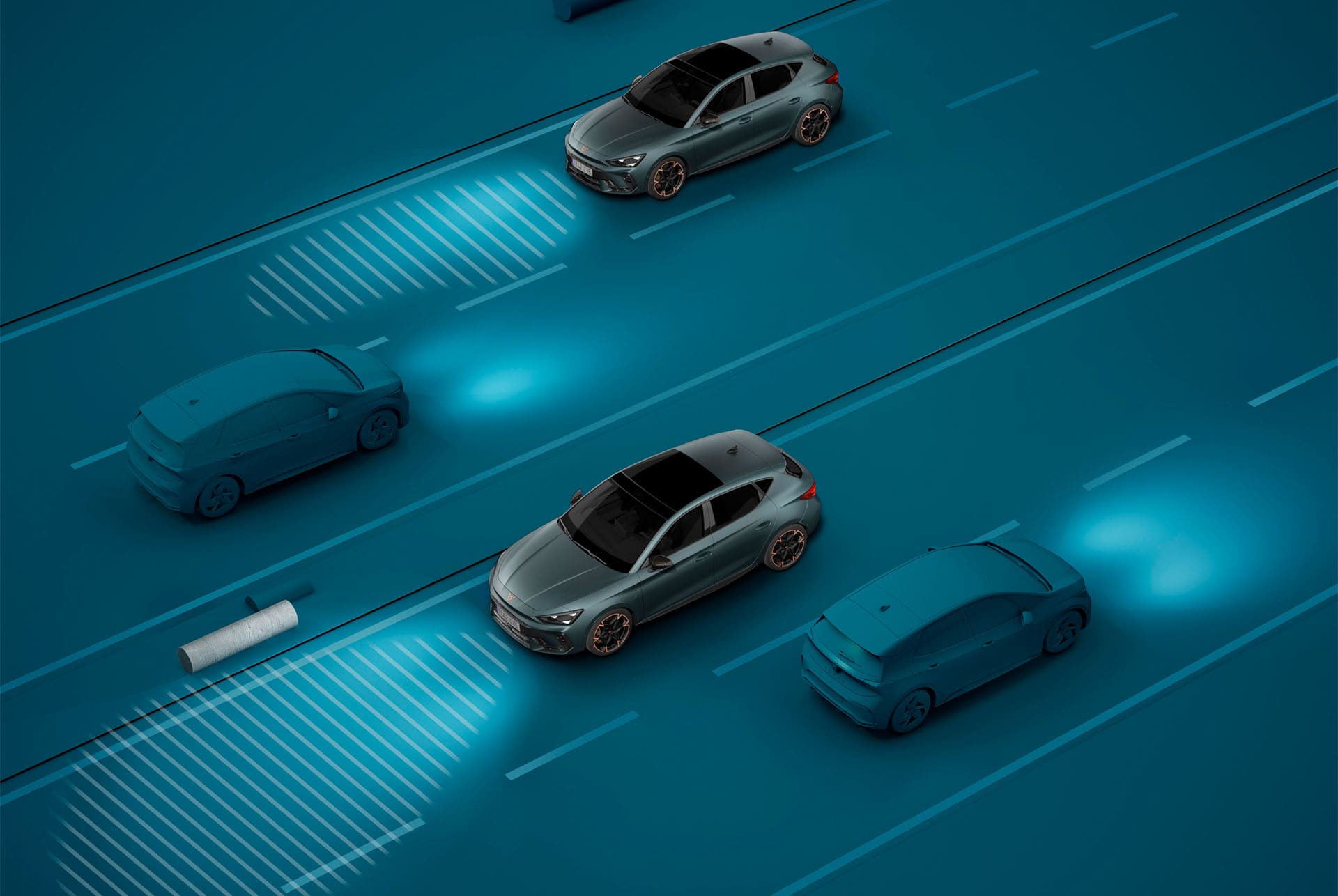 Comment utiliser la technologie Light Assist de la nouvelle CUPRA Leon 2024, démonstration, sur fond bleu
