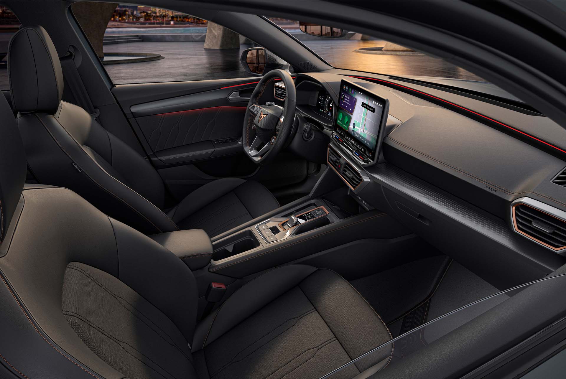 Design intérieur Dynamique de la nouvelle Cupra Leon 2024, sièges-baquets sportifs, éclairage d’ambiance, infotainment