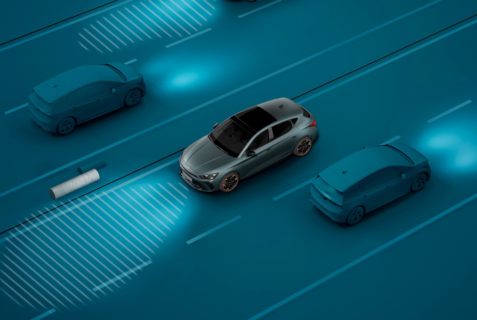 Comment utiliser la technologie Light Assist de la nouvelle CUPRA Leon 2025, démonstration, sur fond bleu