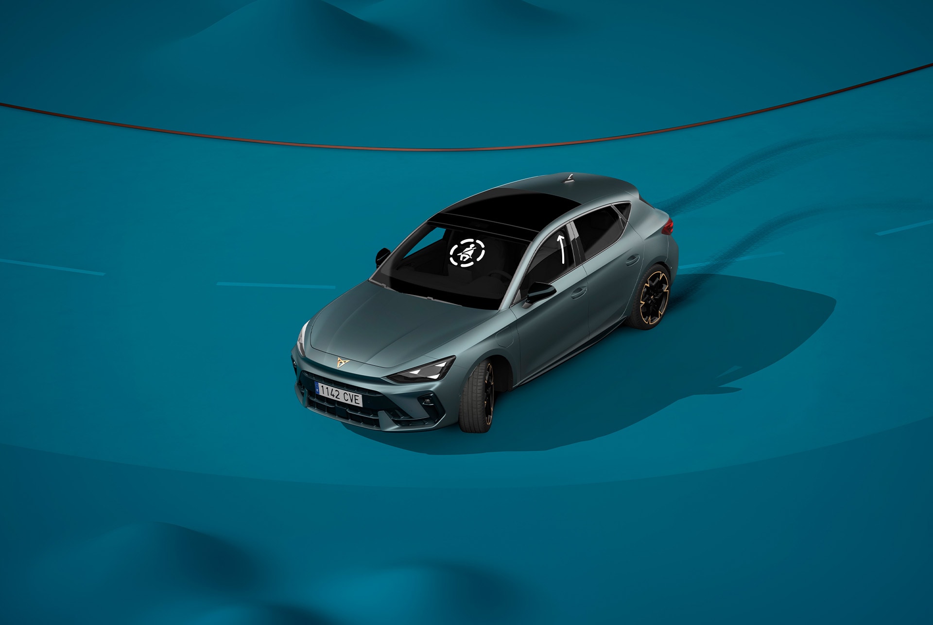 Nouvelle Cupra Leon 2025, nouvelle technologie de sécurité pré-collision, arrière-plan bleu et démo visuelle