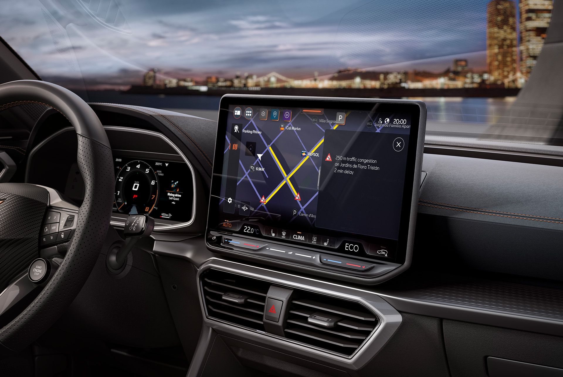 Vue intérieur de la nouvelle CUPRA Leon 2024 Gris Encelade Mat avec système de navigation et système d'aération
