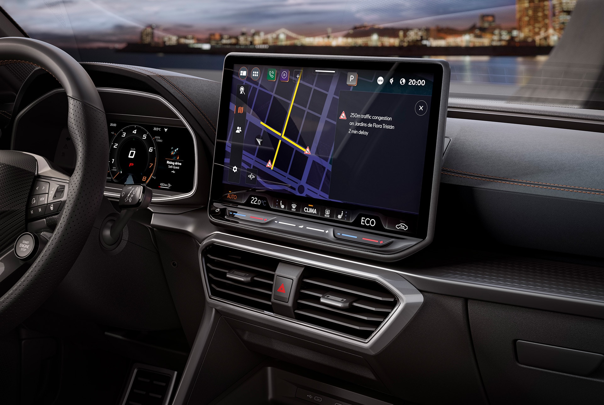 Vue intérieur de la nouvelle CUPRA Leon 2025 Gris Encelade Mat avec système de navigation et système d'aération
