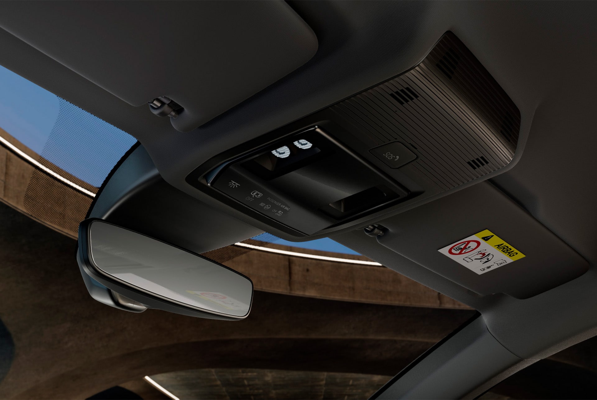 Vue intérieure de la nouvelle Cupra Leon 2024 montrant la console de pavillon avec un rétroviseur extérieur, l’éclairage LED de l’habitacle, diverses commandes et les fonctions de connectivité de la CUPRA, y compris un bouton d’urgence SOS.