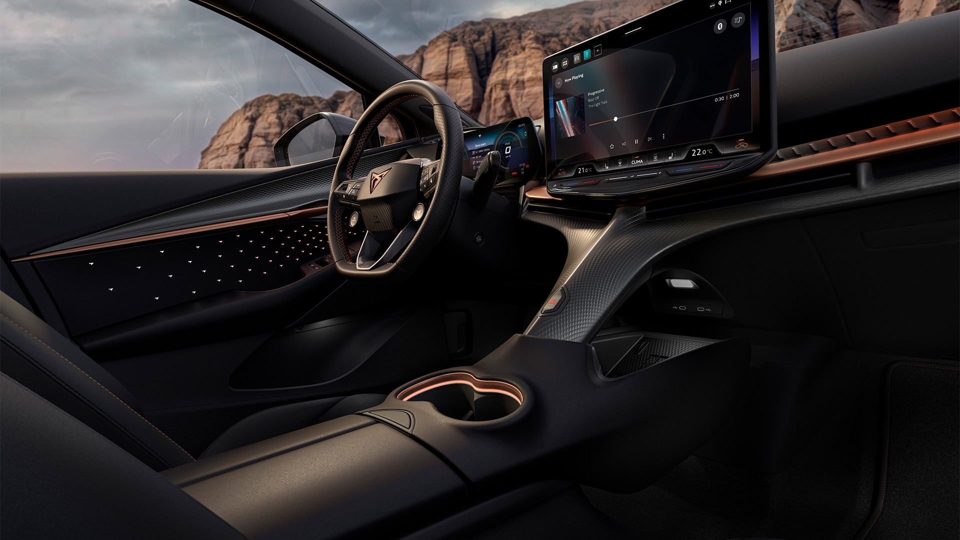 Vue de l’habitacle du CUPRA Tavascan Black Edition révélant plusieurs éléments de design comme la sellerie.