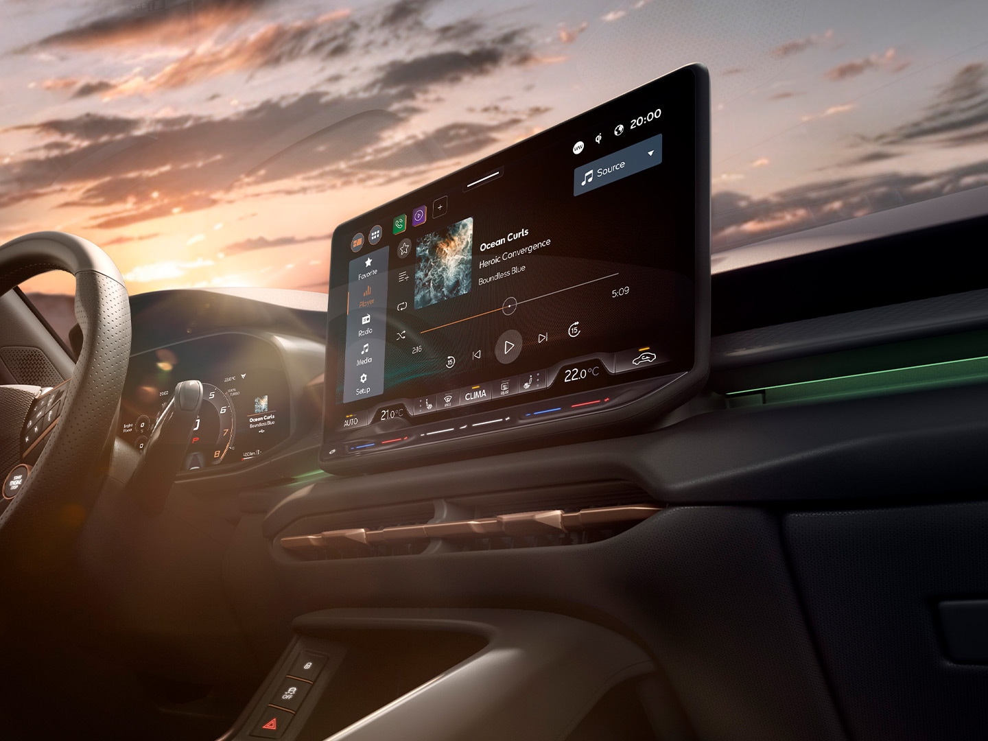 Nouvel habitacle du CUPRA Terramar avec système d’infotainment 12,9 pouces, palettes intégrées au volant et tableau de bord aux accents cuivrés.