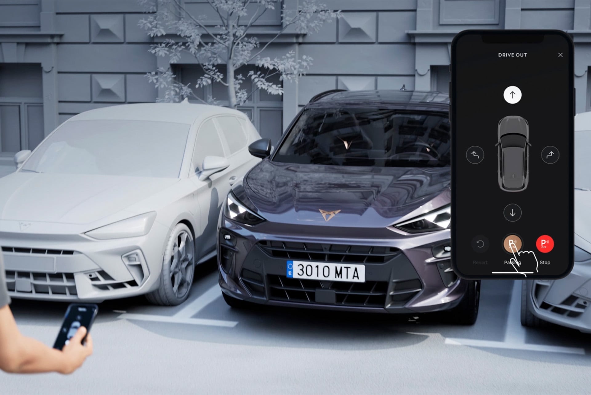Image de la fonctionnalité d’aide au stationnement à distance Remote Park Assist dans le CUPRA Terramar, illustrant une technologie de stationnement avancée qui permet des manœuvres à distance via smartphone pour plus de commodité et d’innovation.
