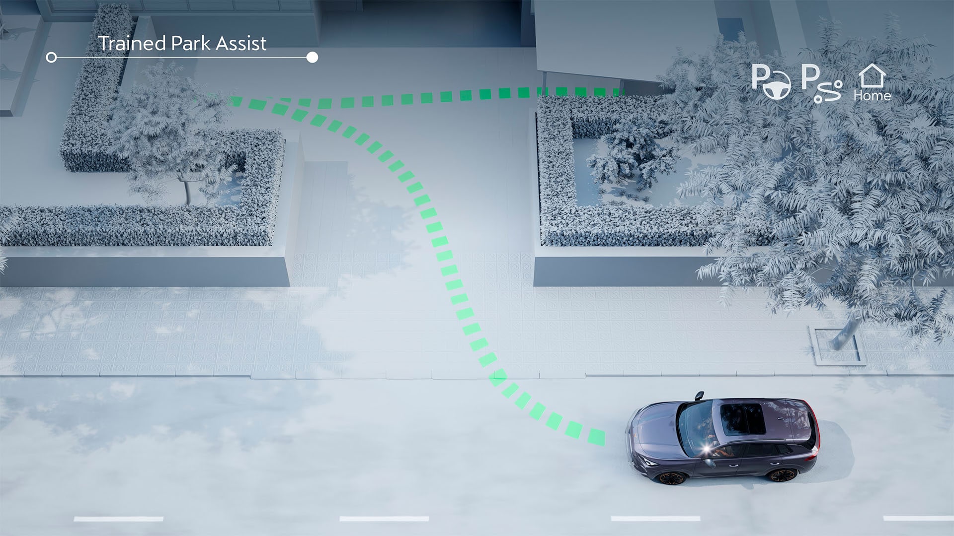 animation des fonctionnalités Intelligent Park Assist et Trained Park Assist dans le CUPRA Terramar, présentant les systèmes avancés d’aide à la conduite pour la conduite semi-autonome et le stationnement.