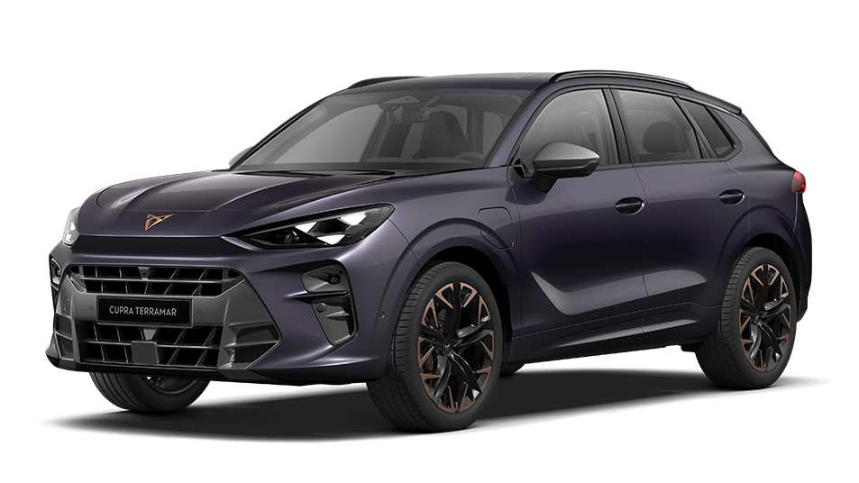 Vue avant latérale du nouveau CUPRA Terramar VZ en Violet Intersidéral, équipé de jantes 20".