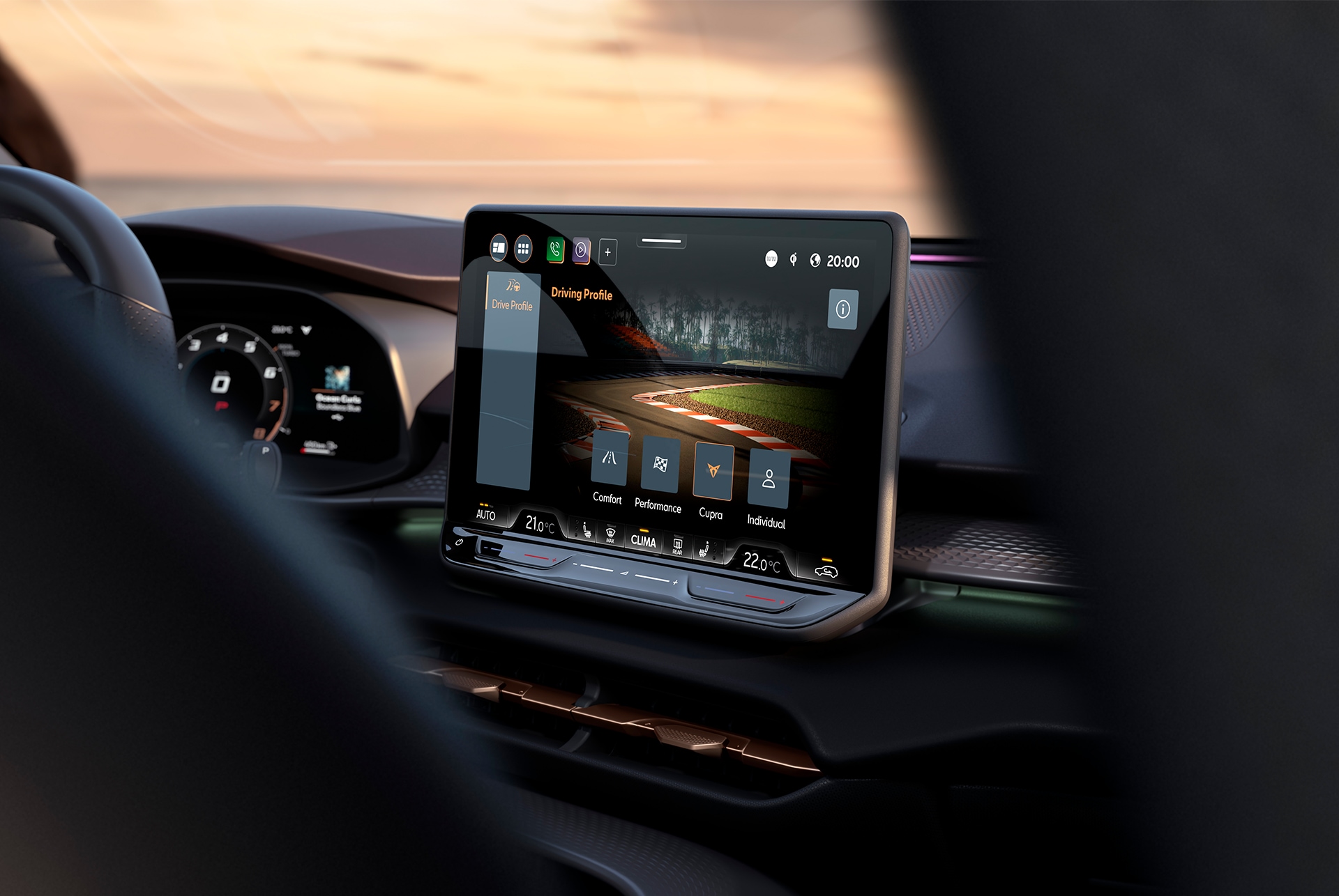 cupra terramar's 12.9" infotainment system displaying the new dynamic chassis control (dcc) feature, which boosts driving dynamics with adaptive damper.