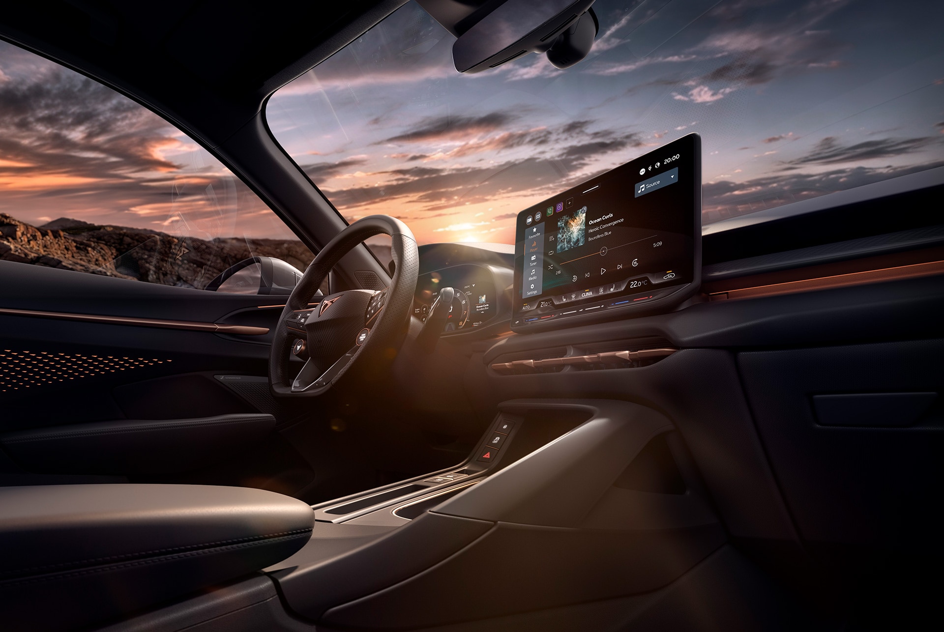 technologie intérieure du nouveau cupra terramar 2024 avec système d’infotainment de 12,9 pouces, volant chauffant avec touches satellites et console centrale. vue du tableau de bord. 