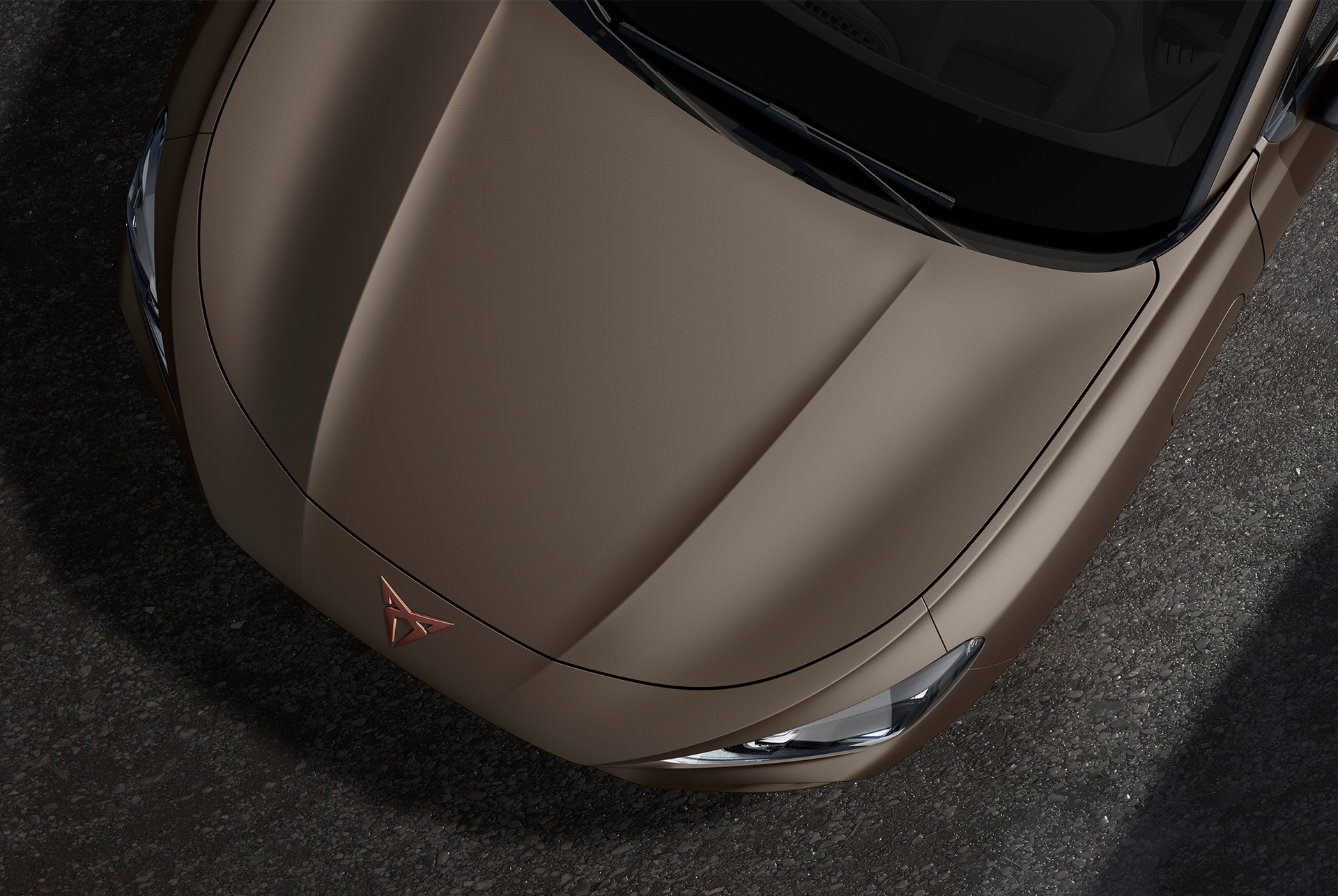 Cupra Terramar, couleur Bronze Century mat, vue du dessus du capot avant et des phares.