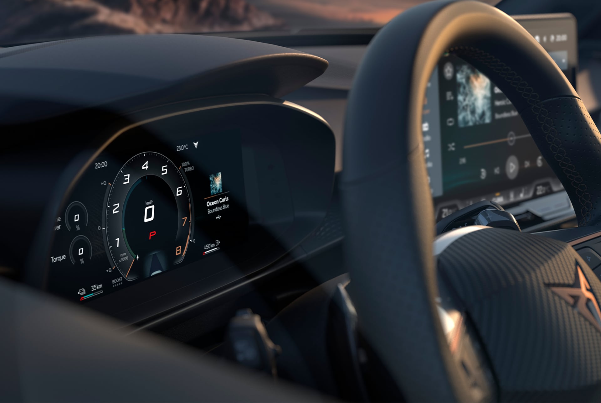 view of cupra terramar's behind the wheel dashboard, digital cockpit featuring a 10.25-inch display, part of the advanced infotainment system.