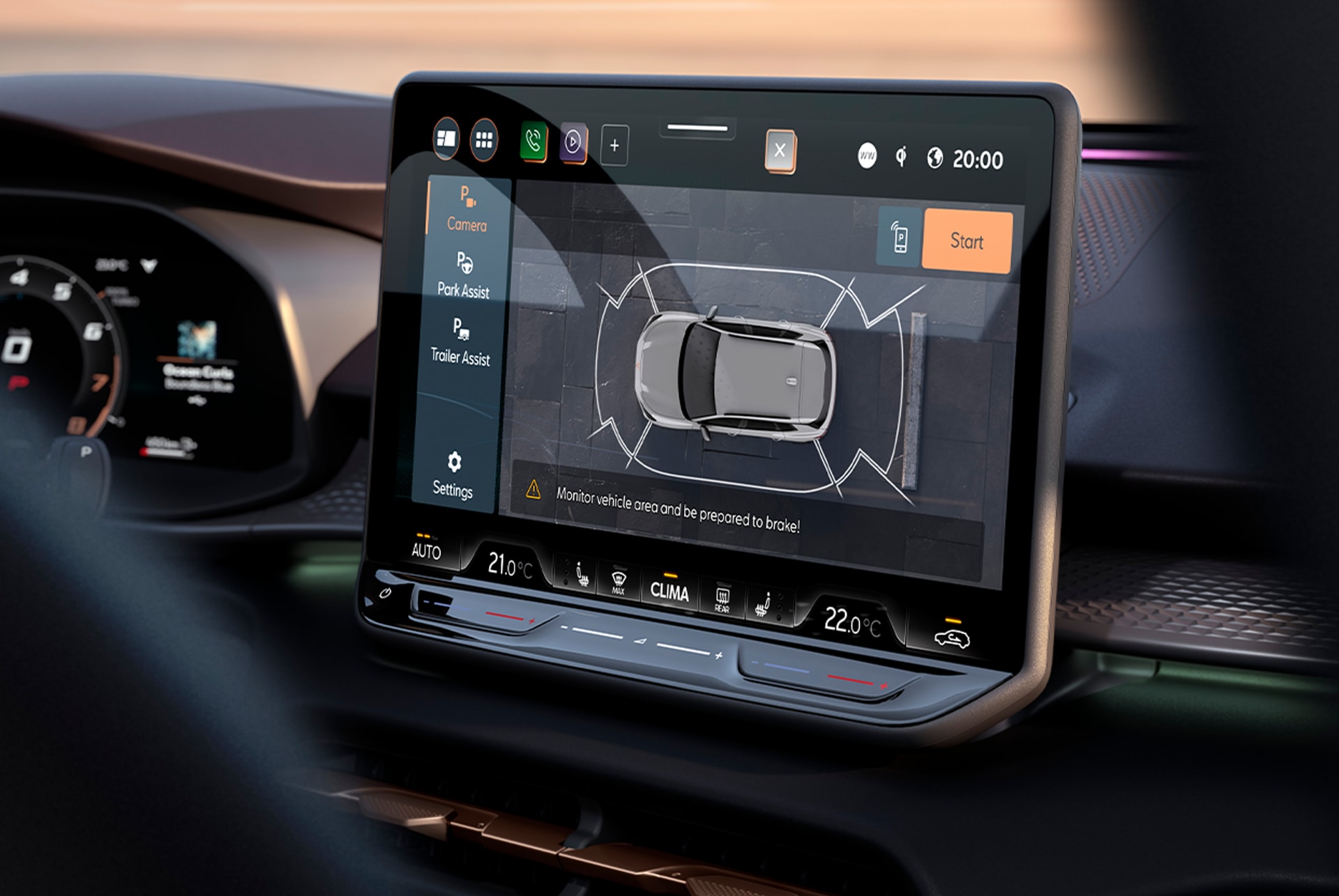 cupra terramar's infotainment system, highlighting the top view camera functionality on the 12.9 inch touchscreen display.