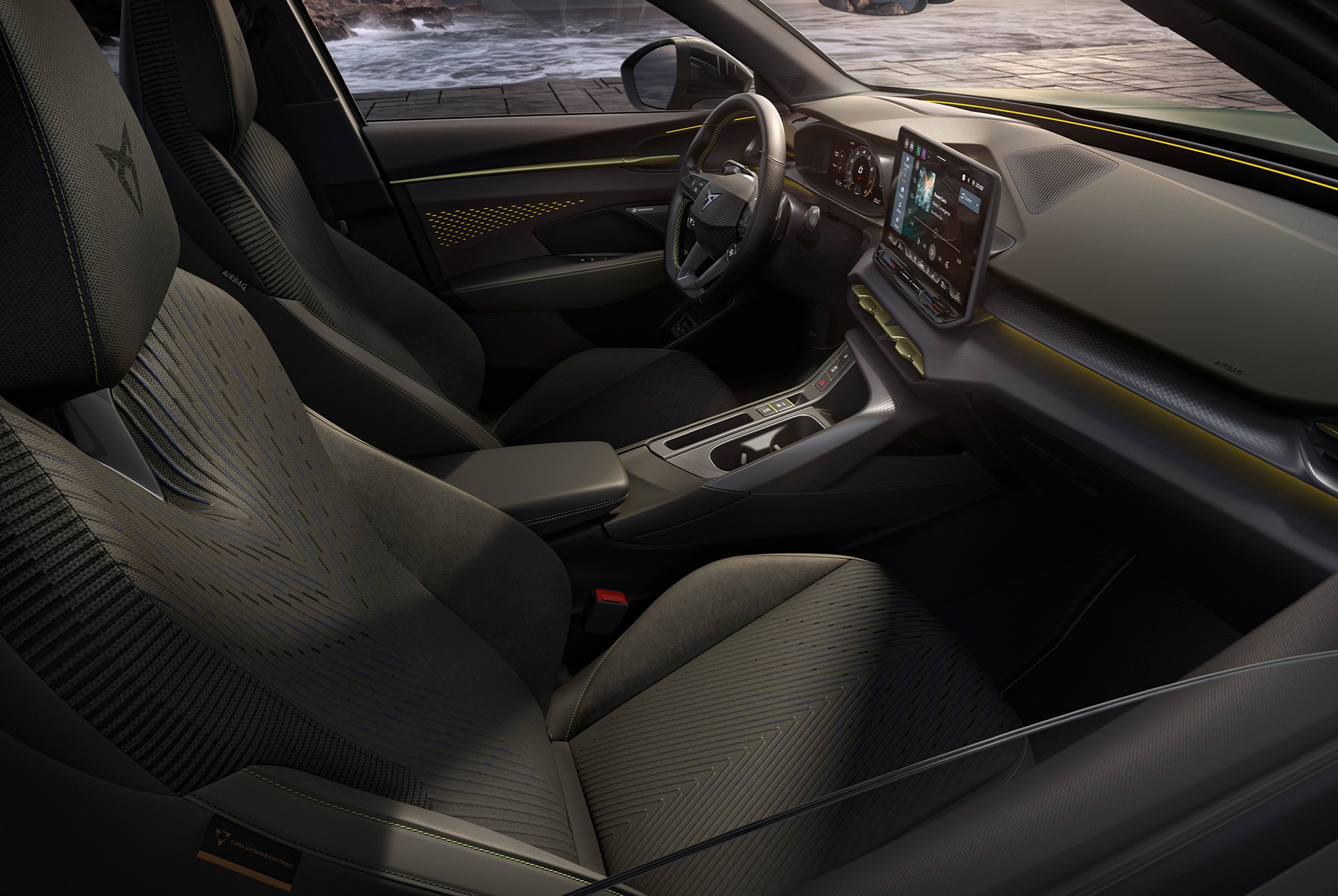 Vue intérieure de la CUPRA Formentor avec la nouvelle sellerie Tribe, conçue avec une esthétique sophistiquée et réalisée grâce à la technologie de maillage 3D