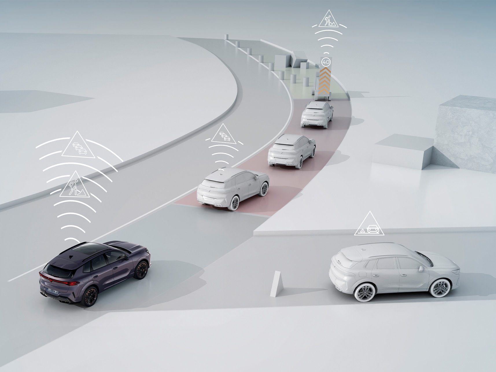 démonstration de la technologie de communication CAR2X dans le CUPRA Terramar montrant le véhicule communiquant avec les autres voitures et les infrastructures pour améliorer la sécurité routière et le trafic.