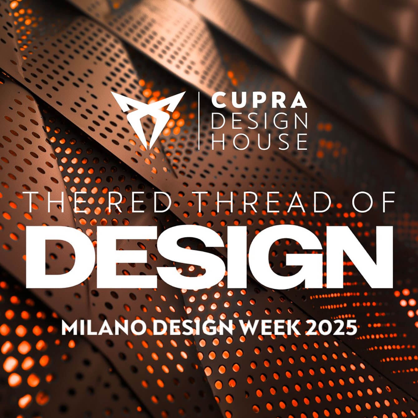 Gros plan de panneaux métalliques perforés avec une lumière orange qui brille à travers les trous. Le texte « THE RED THREAD OF DESIGN » (« LE FIL ROUGE DU DESIGN ») est superposé en blanc.