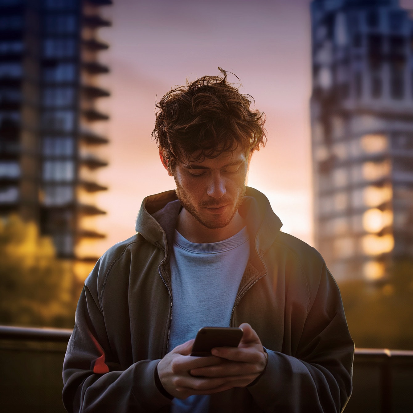 Personne consultant des offres de services financiers sur son téléphone portable avec des bâtiments en arrière-plan.