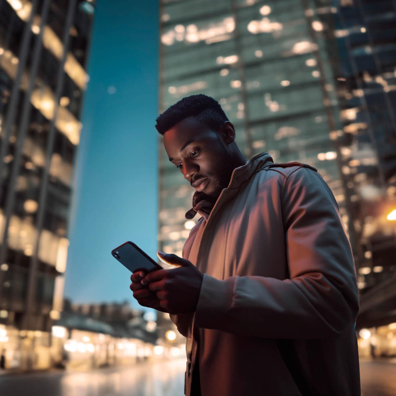 Homme utilisant une application pour voitures de société sur son smartphone en centre-ville.