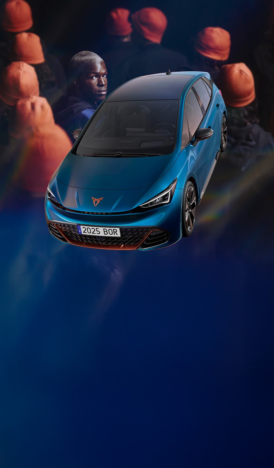 A CUPRA Leon Sportstourer shown from an elevated angle, with a person draped in dark, flowing fabric that creates a dynamic, red-lit trail beside the car.