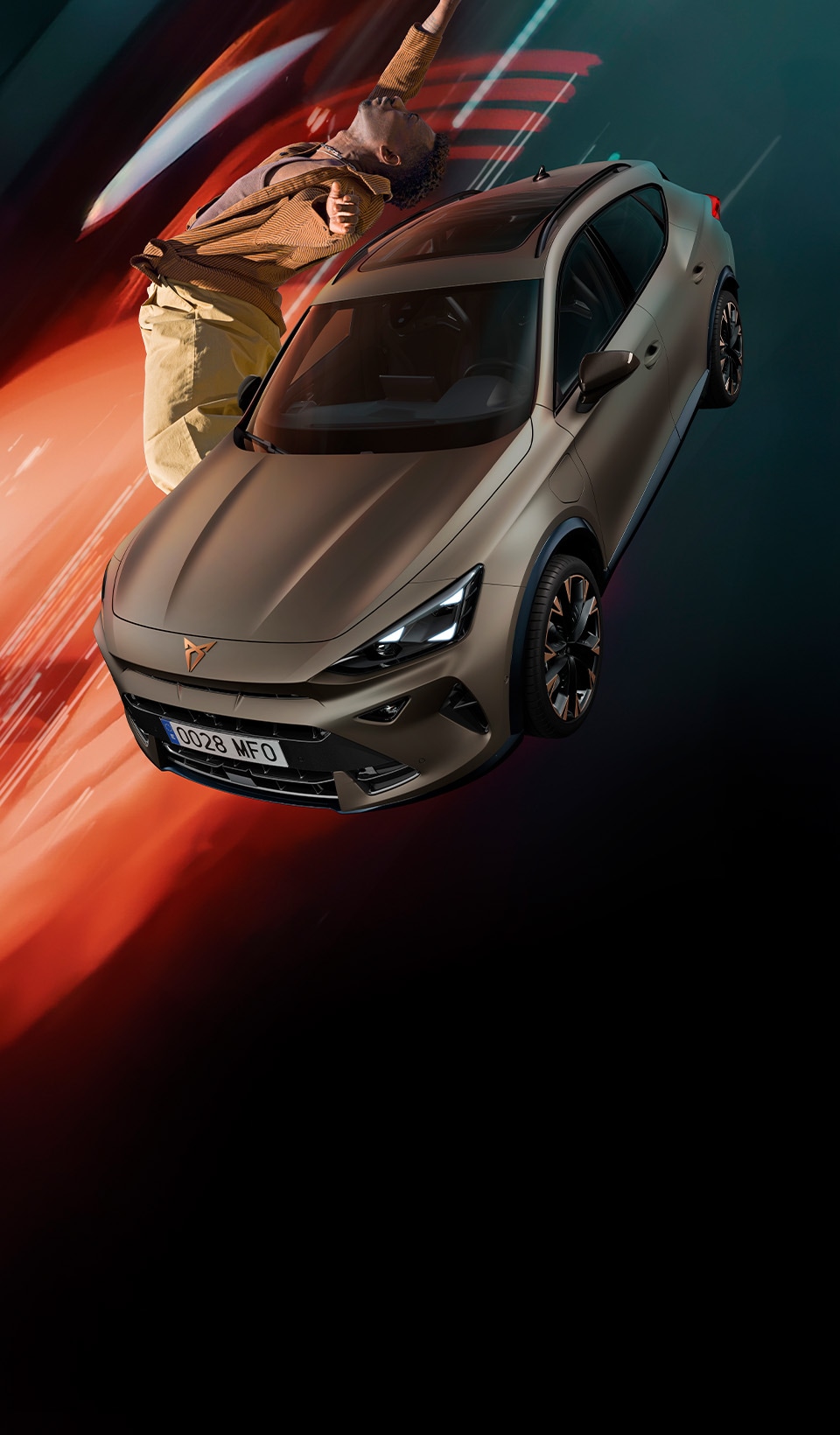 A blue CUPRA car in a surreal scene, superimposed in front of a group of people all facing away except for one man looking back at the viewer. 